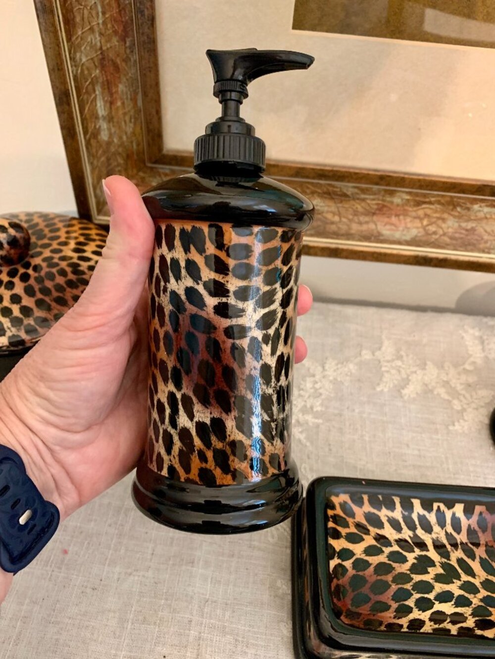 Leopard Print 4 Pc Bathroom Accessories Vintage Indian Ink Hand Painted Ceramic - Picture 5 of 11